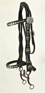 Heiser Studded Bridle: Exceptional Heiser marked studded headstall, beautifully designed with nickel studs and rosettes, and finished with a Buerman halfbreed bit. Category: Bridle