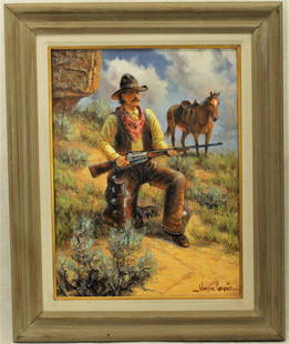 Wayne Cooper Oil Painting: Colorful western oil on canvas of a on the lookout with his Winchester 1895 Deluxe rifle. Signed lower right. Professionally framed with image measuring 17 1/2" x 24". Category: Art