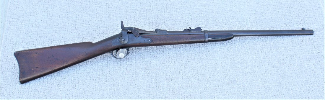 Hollywood Movie Springfield Trapdoor Carbine: An interesting Stembridge Prop House listed, Hollywood movie used Springfield Trapdoor carbine, with the customary "S" on the lower side of the frame. Carbine showing great condition, color and use, a