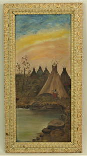 Native American Oil Painting: An interesting folk art style oil on board measuring 8"x 18".