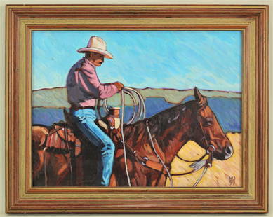 Western Oil Painting: Brightly colored western oil on board, unknown artist with initials in lower right, dimensions 16"x 12".