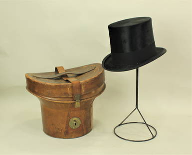 Early Top Hat and Box: A wonderful early locking leather hat box with stylish black top hat from "The Palace", Tulsa, Oklahoma.