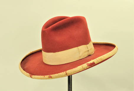 Rare Stetson Hat: An unusual Wild West Show hat, with great red color, wide band and bound edge, and finished with a Stetson marked leather sweatband.