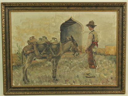 Western Oil Painting: Interesting unsigned oil on board with professional frame, image measures 14"x 20".