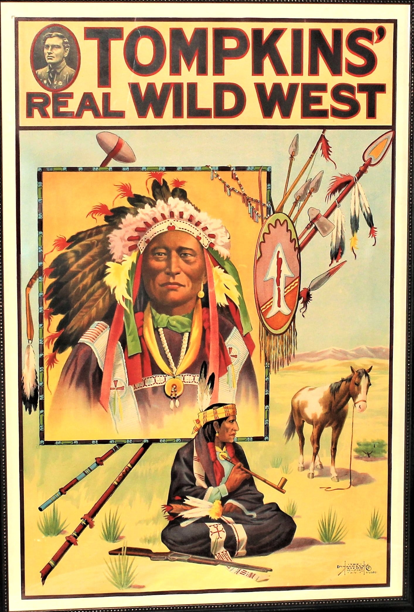 Thompkins Wild West Poster: A large colorful Wild West Show poster with great subject matter and graphics, mounted on presevation linen. In excellent condition and measuring 30"x 43".