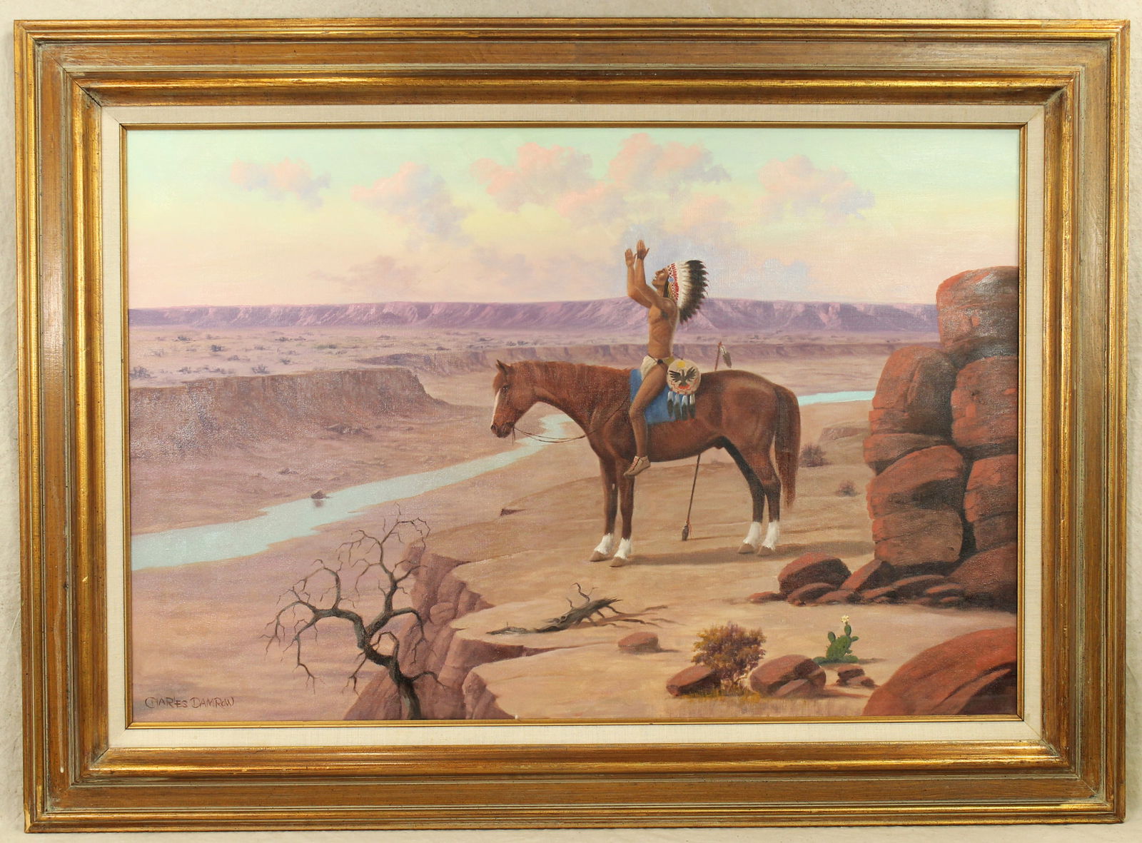 Charles Damrow Oil Painting: A nicely presenting Native American scene with pleasing color, sight measuring 36"x 24", and professionally framed tpo 44"x 33". Signed in lower left.