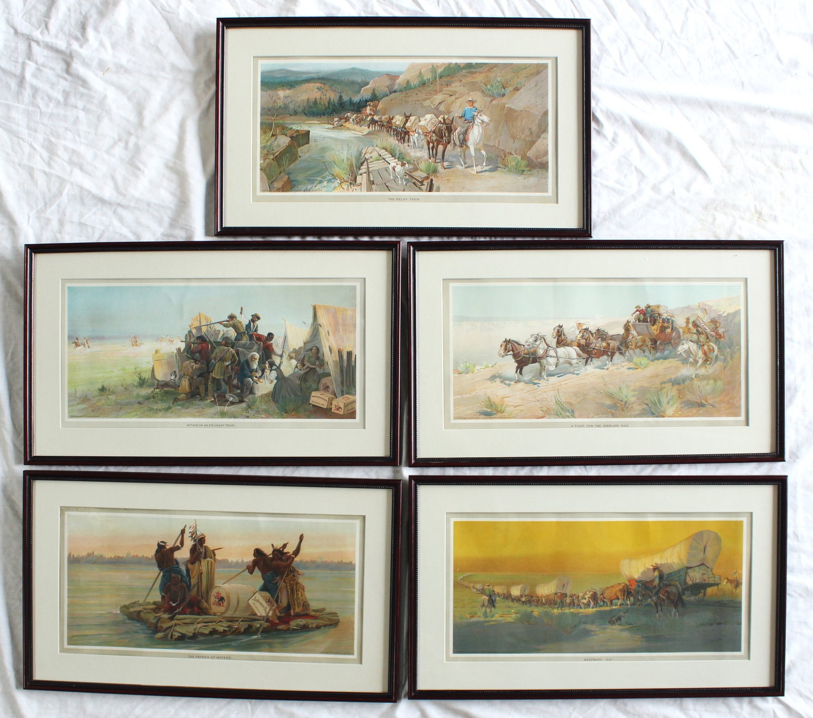 Set of Anheiser Busch Lithographs: A highly collected full set of five western advertising lithographs, each depicting an exceptionally crisp image of a settling of the West scene, creatively done with Anheiser Busch logos incorperated