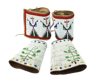 Two pair of early 1900's fully beaded wrist cuffs, showing bright colors and great patterns.