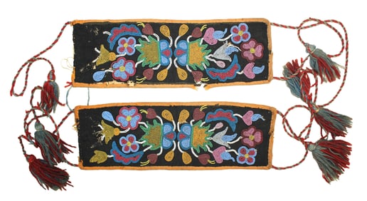 Brightly colored pair of 19th century glass beaded panels featuring an intrique floral design