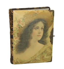 Large antique Celluloid Cover Photo Album with great cover image and decorative internal pages.