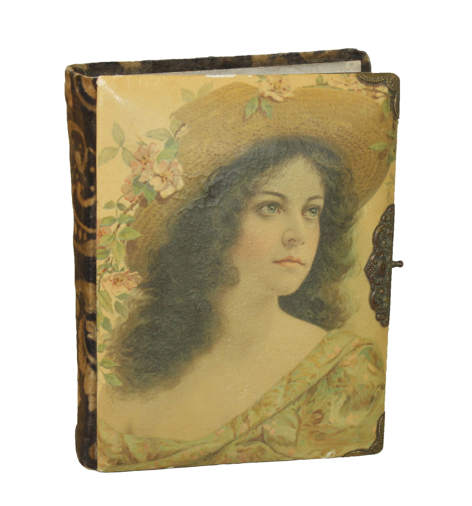 Celluloid Photo Album: Large antique Celluloid Cover Photo Album with great cover image and decorative internal pages. Measuring 8 1/2 x 11".