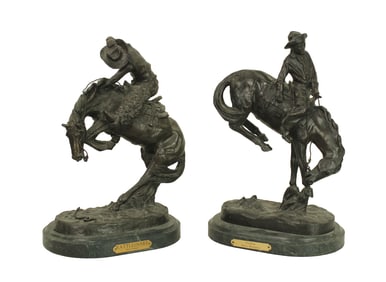 Two of Remington's most popular reproductions titled "The Rattlesnake" and "Outlaw". Both mounted