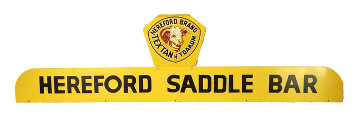 Rare vintage Hereford Brand double sided metal sign in excellent condition. Measuring 57" x 14".