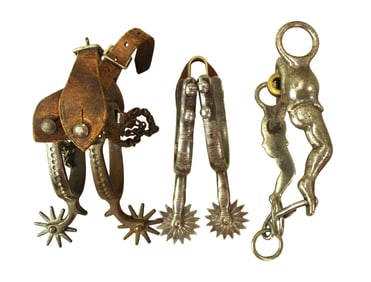 This grouping features three items that include desirable Buerman "Lady Leg" bit, Buerman iron spurs
