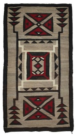 Bold colored Ganado pattern rug from the Hubbel Revival period. Measuring 30"x 56".