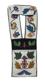 A large heavily beaded bag and strap with eye dazzling floral pattern of brightly colored beads.
