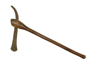 19th Century Native American war ax with nicely patinated 18" haft and 10" steel double blade.