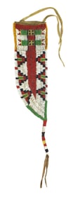 Eye popping Northern Plains beaded knife sheath, done with desirable red white hearts and apple