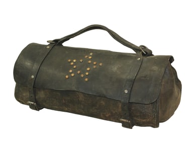 An interesting well made leather bag for a cowboy's general goods. Decorated with brass studded star