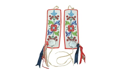 Brightly colored pair of fully beaded arm bands accented with mirrors and ribbon.
