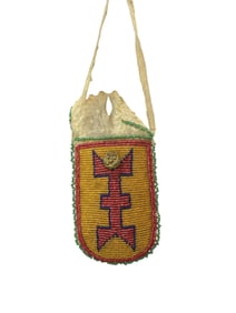 Extra nice full coverage beaded bag with unusual ochre colored background, and finished with a