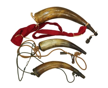Three 1900's powderhorns with rich patina and great condition.