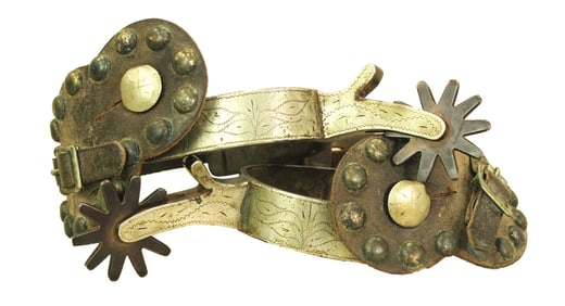 Sought after inside marked Booger Red pattern spurs, single mounted with detail engraved full silver