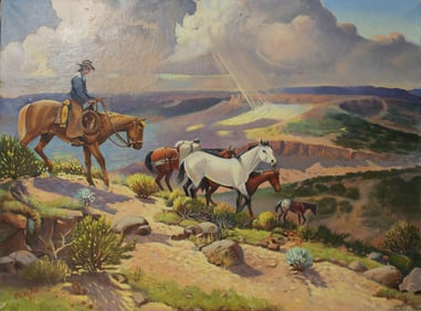 Nice oil on canvas with image in the style of Olaf Weighorst, with great western subject and color.