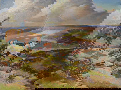 Reklaw Oil Painting : Nice oil on canvas with image in the style of Olaf Weighorst, with great western subject and color. Signed lower right. Dimensions 24"x 18".