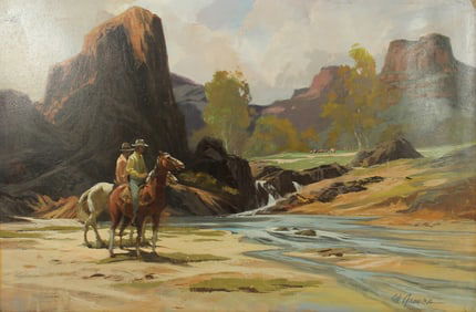 Eye appealing western oil on board with great color and subject, signed in lower right. Nicely