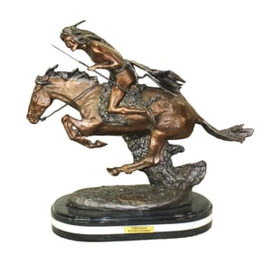 Richly colored Frederic Remington inspired bronze, entitled "The Cheyenne", on marble base and