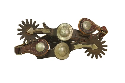 Popular pair of single mounted Frontier style Crockett arrow shank spurs with extra large rowels.