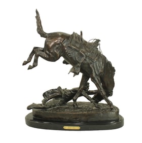 Popular large bronze originally done by Remington, with rich color, and marble base. Dimensions 22"x