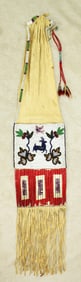 Unique 1890's Native American pictorial pipe bag with beaded elk scene, brightly colloered porcupine