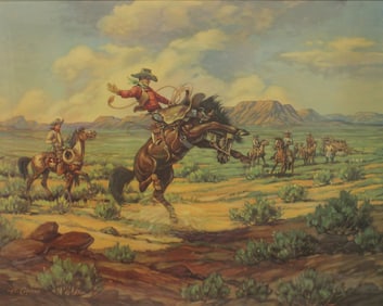 An action packed image included in the 1939 series "Westward Ho", titled Bronc Peeler".
