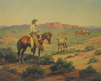 One in the series of 6 western images done in 1939, titled "Range Baby". Framed and matted measuring