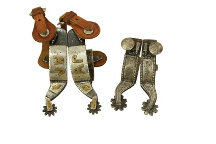 Two pair of attractive Texas style spurs; 1) single mounted wide heelband spurs with cutting horse