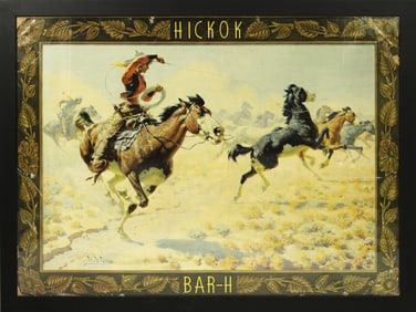 An interesting vintage saddle shop advertising with wonderful old west image. Framed and measuring