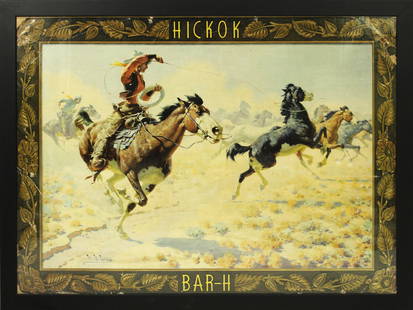 Hancock Western Advertising: An interesting vintage saddle shop advertising with wonderful old west image. Framed and measuring 50"x 38".