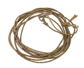 Very scarce early rawhide braided reata, using an uncommon strands, having great hondos, and showing