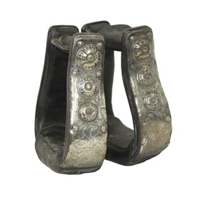 Stunning wide leather bound stirrups with the outside bound in characteristic Bohlin engraved silver