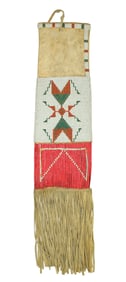Beautiful Plains Indian fully beaded pipe bag with interesting geometrics, nice quill work and long