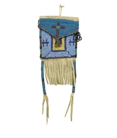 Desirable 19th Century beautifully beaded bag with long drops, fringe, and focal mission style
