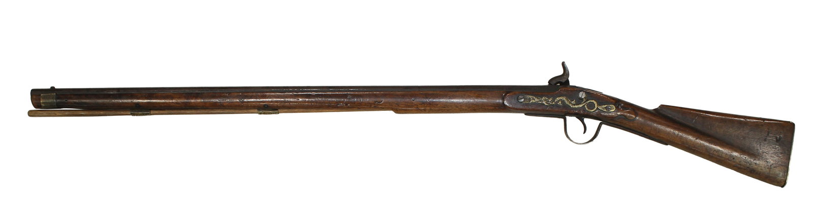 Isaac Hollis & Sons Northwest Trade Gun: Very desirable rifle with brass serpent lock, circa 1861-1900. With a commonly shortened 36” barrel for horseback use, 52 caliber, and walnut stock. Displaying a small blade front sight, three s