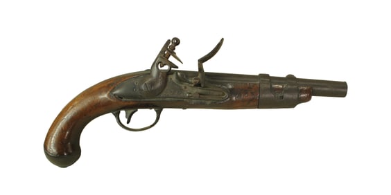 Revolutionary War era .69 caliber flintlock pistol, made in St. Etienne in 1763. With iron furniture