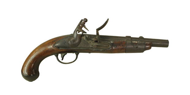 Revolutionary War era .69 caliber flintlock pistol, made in St. Etienne in 1763. With iron furniture: Revolutionary War era .69 caliber flintlock pistol, made in St. Etienne in 1763. With iron furniture and missing ramrod. Used by American rebel forces making them historically significant for European