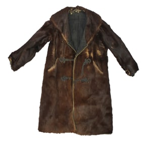 Large frontier style long coat of full horsehair hide, with decorative button closure, extra wide