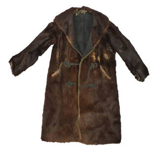 Horsehair Frontier Coat: Large frontier style long coat of full horsehair hide, with decorative button closure, extra wide collar and quilted lining.