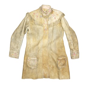 Beautifully designed Native American handcrafted buckskin jacket with great fringe, embroidered trim