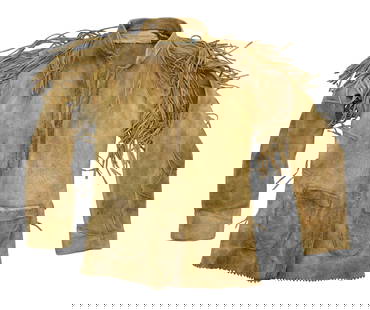 Frontier Buckskin Shirt: Nicely presenting mid 1800's frontiermans buckskin jacket with fabulous fringe, showing great color and age, approximaely size 40.